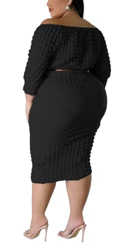 Women Plus Size 2 Piece Outfits Off Shoulder Dresses Set Sexy Crop Top Casual Bodycon Popcorn Midi Skirt Sets Vacation2