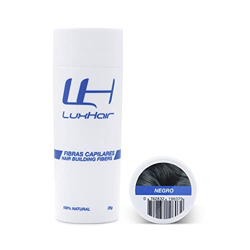 Fibras Capilares en finos filamentos de LuxHair Color Negro. Ayuda a disimular la alopecia en hombres y mujeres y densificar el volumen del cabello dándole un aspecto natural Cover