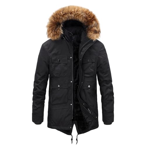 ZDJSWJ Herren-Winterjacke, mit Fellkragen, Kapuze, Warm, Wolle, dick, winddicht, Schwarz , XXL