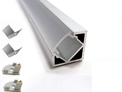 Perfil de aluminio 6063 TL1919 de 4 metros para tiras de luz LED con cubierta transparente (45°, con tapones y ganchos de montaje incluidos, 2 barras de 2 metros cada una) Cover