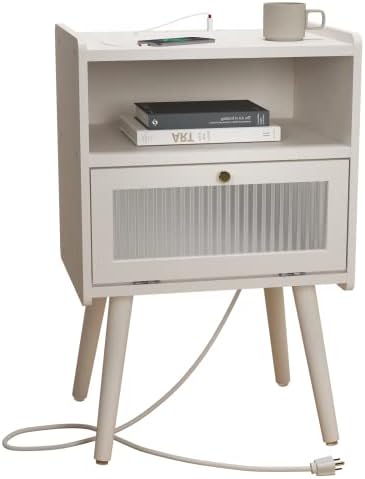 SOOWERY Mid Century Modern Nightstand with Charging Station, Bedside Tables with Glass Decorative Door, End Table Side Table with 2 Tiers Storage Space, for Bedroom, Living Room, White