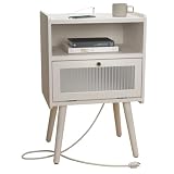 SOOWERY Mid Century Modern Nightstand with Charging Station, Bedside Tables with Glass Decorative Do