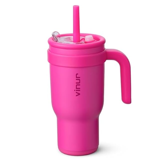 VINUR 30 oz Tumbler with Handle and Straw-Insulated Coffee Travel Mug with Leak Proof Lid | Reusable Stainless Steel | Rubber Base | Cup Holder Friendly | Gifts for Women, Rose Red