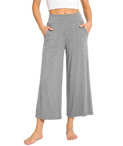 Image of GYS Bamboo Viscose Wide Leg Gaucho Cropped Pants, High Waist Capris Cloud-Soft Pajama Pants with Pockets, Flowy Yoga Pants