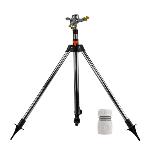 MYPURECORE Pulsating Lawn Sprinkler on Tripod 90cm with Female Hose Connector Adjustable Impact Garden Sprinkler 450m Lawn Coverage Metal Stand Spray Arc Control & Spiked Base