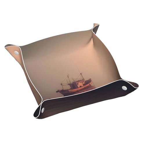 Llkgot Bandeja de almacenamiento de cuero con estampado de barcos de pesca en la mañana de PVC de doble cara para un almacenamiento y organización cómodos