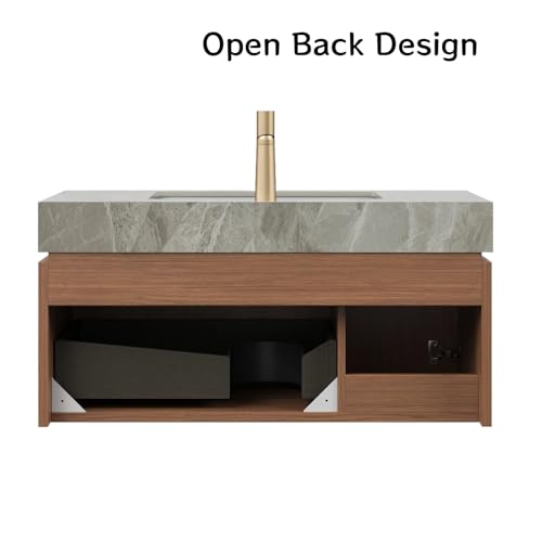 Image of 36 inch Bathroom Vanity with Sink, Wall-Mounted Plywood Bathroom Storage Cabinet with Ceramic Basin & Sintered Stone Countertop, Modern Pre-Assembled Floating Vanity with Drawer & Door, Brown Oak