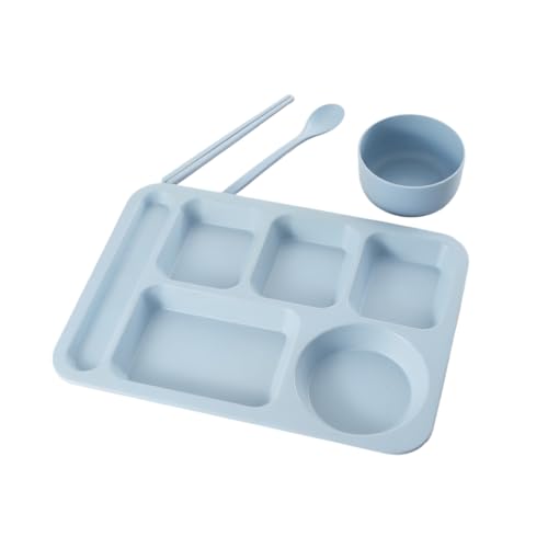 仕切り付きランチプレートセット・深型で食べやすい・長方形大容量 | 小麦ストロー素材・電子レンジ/食洗機対応・食堂/家庭用 | プレート+ボウル+スプーン+箸セット・ベージュカラー・投げ防止・子供から大人まで利用可能 (ボウル+皿+スプーン+箸,ブルー)