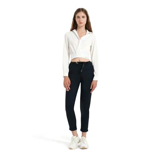 GLOWELFA - Pantalón de Mujer de Trabajo con Sastre de Carga Chino Recta de Cintura Alta Fina Extensible Azul Oscuro(07121,Azul Oscuro,L)