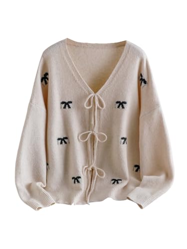 SOLY HUX Women's Plus Size Bow Tie V Neck Cardigans Drop Shoulder Loose Fall Sweater Outerwear Aesthetic Clothes
