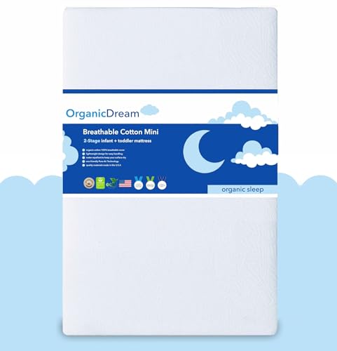 Image of ORGANICDREAM 5" Mini Crib Mattress - 100% Breathable Proven to Reduce Suffocation Risk - GREENGUARD I 2-Stage I Washable I Extra Firm Infant Side and Plush Toddler (38x24x5) - Deluxe 5" Thick