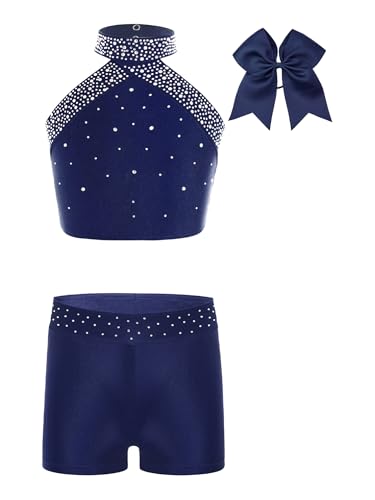 easyforever Kids Girls Figure Skating Gymnastics Dance Outfits Shiny Rhinestone Crop Tops with Shorts and Headwear Set