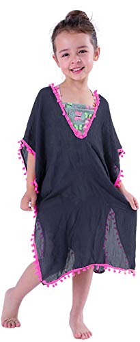 MissShorthair - Traje de baño de playa para niñas con pompones, Azul marino/rosa neón., 7-12 años