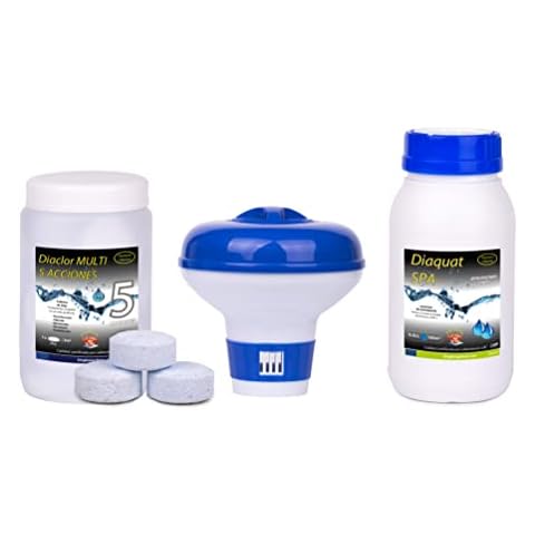 Kit Cloro Piscinas Pequeñas DIACLOR Multi 5 ACCIONES 500 GR (Pastillas 20 GR) SIN Cobre + Antialgas DIAQUAT SPA 500 ML + DOSIFICADOR Cover