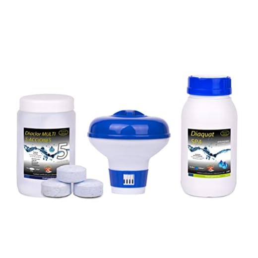 Kit Cloro Piscinas Pequeñas DIACLOR Multi 5 ACCIONES 500 GR (Pastillas 20 GR) SIN Cobre + Antialgas DIAQUAT SPA 500 ML + DOSIFICADOR