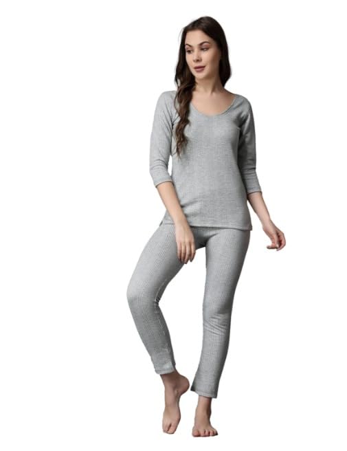 Women’s Light Grey Thermal Full Sleeve Top & Bottom Set – Warm Loungewear, Comfortable Sleepwear, Stretchable Nightwear, Winter Thermal Clothing.-image-5
