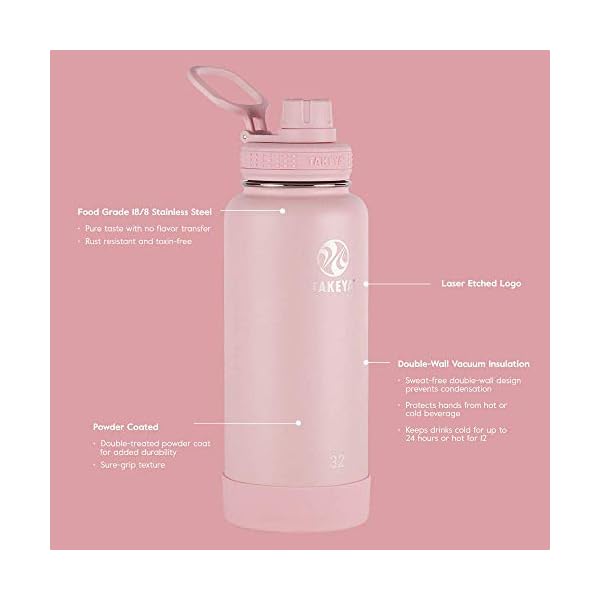 Takeya Actives Insulated Stainless Steel Water Bottle with Spout Lid, 32 Ounce, Blush