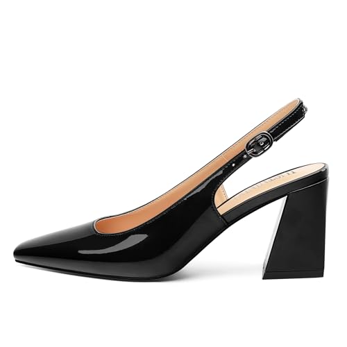 Comfortable Block High Heels for Women Solid Slingback Patent Square Closed Toe Pumps Party Office Wedding Dress Shoes 3 Inches2