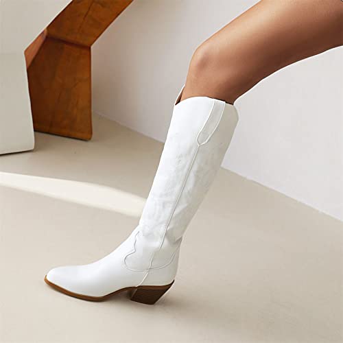 Ladmiple Cowboy Boots For Women Mid Calf Wide Width Pointed Toe Chunky Heel Cowgirl Embroidered Western Knee High Boots3