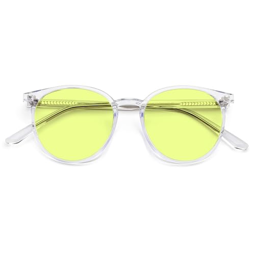 Image of Blue Light Blocking Glasses for Women and Men, Round Frame Computer Gaming Glasses for Migraine, Light Sensitivity, Photophobia & LED Fluorescent Glare RF6213 (Green Lens Clear Frame)