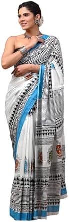 Womens Cotton Saree White & Blue Ikkat Print Mulmul Saree with Blouse Piece-8669