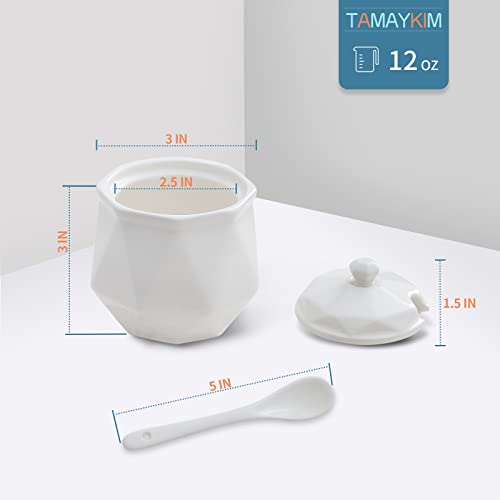 Tamaykim Porcelain Sugar Bowls With Spoon And Lid, 12 Ounces Ceramic Salt Container, White Condiment Pots Seasoning Boxes, For Home And Kitchen Storage, Set Of 3 #TOP1
