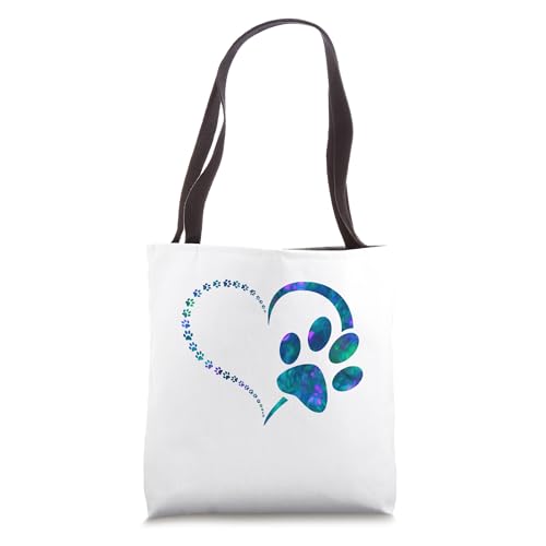 Bolsa tote con estampado de patas de perro y corazón en acuarela azul cian oscuro miniatura 1