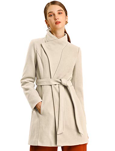 Allegra K Women's Classic Stand Collar Long Sleeve Winter Belted Long Coat Large Beige