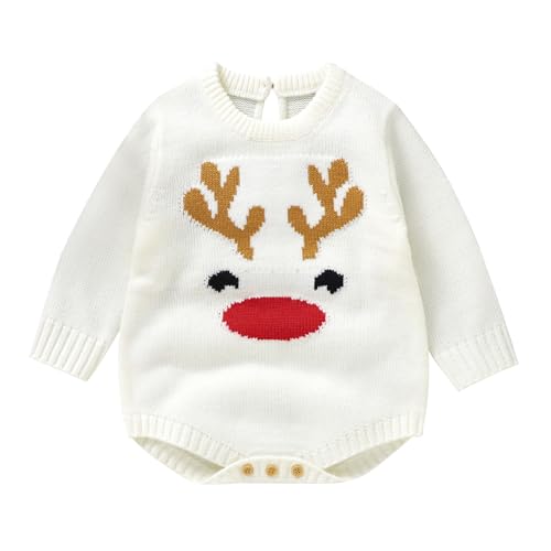 Mameluco de Punto Decorado de Navidad Mono de Manga Larga Cálido Recién Nacido Bebé Niños Niñas Ropa Invierno, Blanco, 0-3 meses