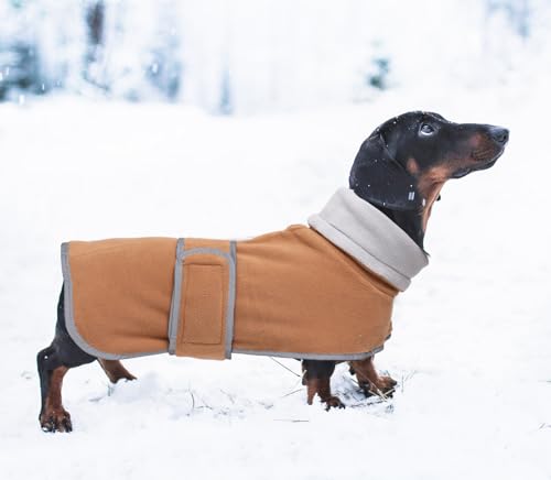 MOREZI Winterhundejacke mit wattiertem Flusenfutter, verstellbarem Klettknopf und hochklappbarem Stehkragen. Sehr gut geeignet für Dackel und kleine und mittelgroße Jagdhunde-Braun-S