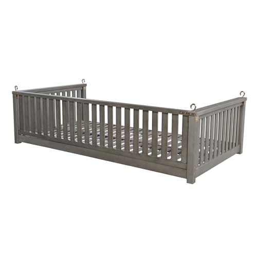 Porch Daybed Swing Outdoor Wooden Swing Bench, Patio Hanging Swing Chair Swinging Bed for Garden, Backyard, Deck, Grey