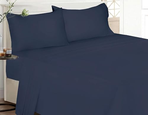Image of Flat Bed Sheet with 2 Pillow Covers 600 Thread Count 100% Egyptian Cotton Bedsheet Super King Size Navy Blue