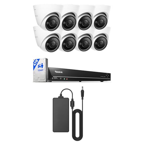 REOLINK 12MP PoE Security Camera System Bundle with Extra 200W Power Adapter, 8pcs 12MP Cameras, 16CH NVR with 4TB HDD for 24/7 Recording, H.265, Person/Vehicle/Animal Detection
