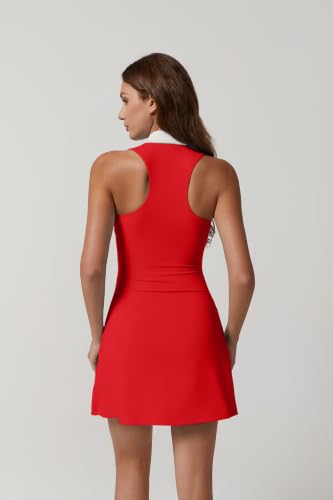 Image of QINSEN Womens Zip Front Tennis Dress Polo Collar Racer Back Workout Golf Dresses Build in Shorts with Pockets