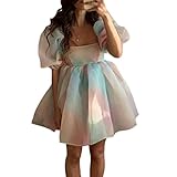 Women's Puff Sleeve Tulle Princess Dress Off Shoulder Square Collar Mini Dress Puffy Mesh Party Prom Evening Dress(Colorful, Large)