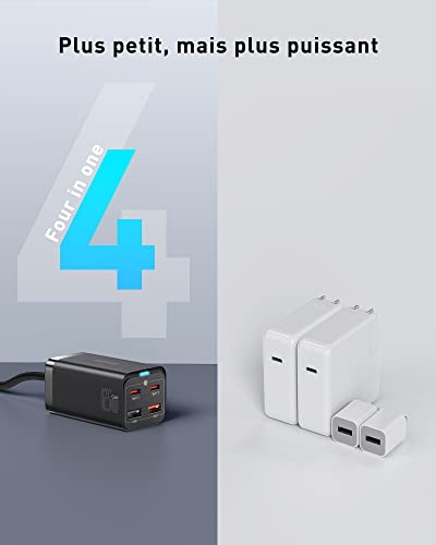 Baseus USB C Cargador 65W, Fuente de alimentación USB C Estación de Carga USB de Escritorio de 4 Puertos GAN III con Salida USB C de 65W, Cargador PD para MacBook Pro/Air DELL XPS 13, 1, Negro