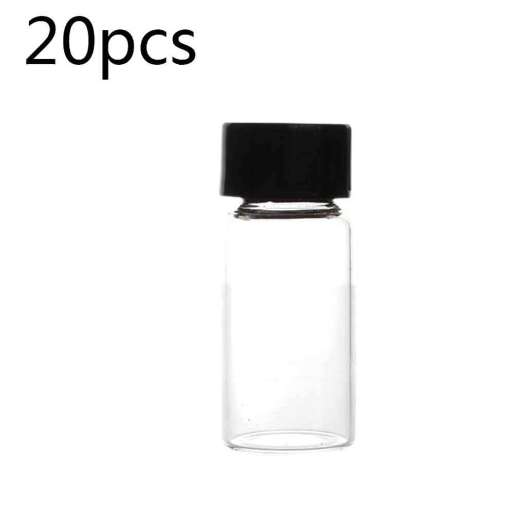 Cristalería de Laboratorio Lote de 20 unidades de 3 ml, 5 ml, 10 ml, 15 ml, 20 ml, 30 ml, 40 ml y 50 ml (transparente/marrón), frasco de reactivo con tapa de plástico y tapón de rosca.(20ml clear)