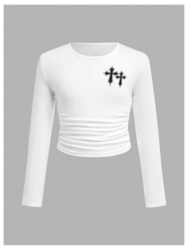 SHENHE Girl's Casual Long Sleeve Tee Shirt Crew Neck Ruched Basic Layering Top Tees2