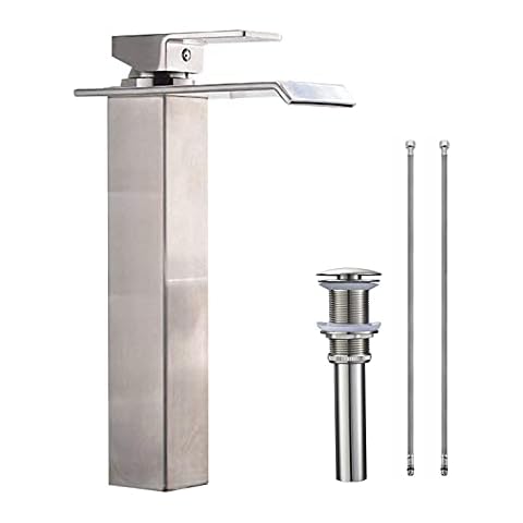 Bathroom Vessel Faucet Brushed Nickel One Hole Bowl of Sink Faucet Waterfall Tall Single Handle Bathroom Faucets with Drain Assembly Modern Vanity Lavatory Deck Mount Supply Lines Hose Cover
