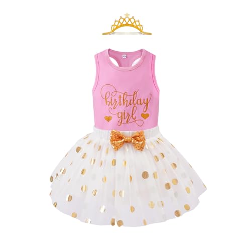 LYSMuch 1-12Y Toddler Girls Birthday Tulle Skirt Tank Top Shirt with Crown Three-Piece Clothes Set