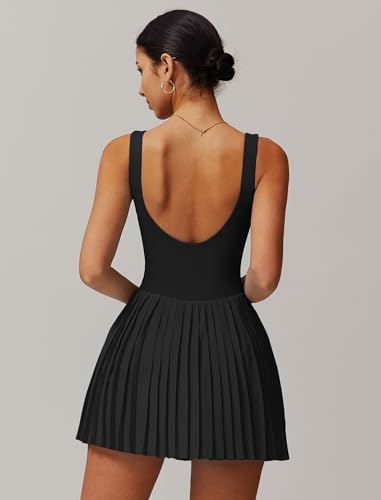 Womens Tennis Golf Dress with Built-in Bra Shorts Backless Square Neck Pleated Hem Athletic Dresses with Pockets3