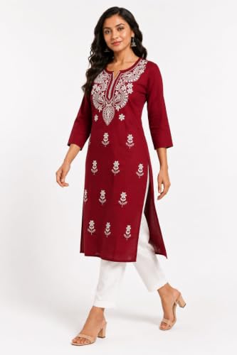 Image of Comforts Women's Maroon Embroidered Straight Kurta
