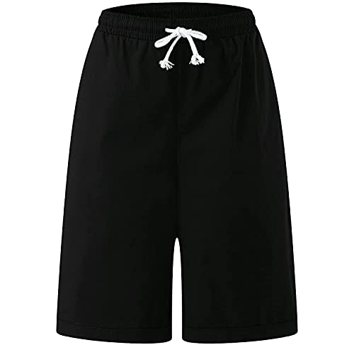Knit Drawstring Bermuda Shorts For Women Soft Summer Knee Lenght Short Pants Loose Comfy Elastic Waist Jersey Shorts (Black,X-Large) #TOP24