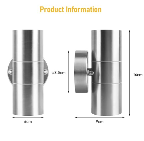 Kerry Outdoor Wall Lights, Up Down Mains Powered Lighting, Silver Stainless Steel IP44 Waterproof, Exterior Wall Sconce for Indoor, Front Door, Patio, Hallway, Porch, Garden, Garage, Post - 2 Pack