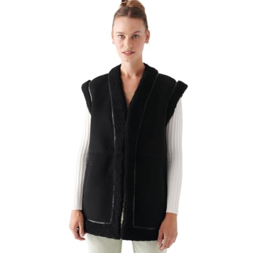 Denny&Dora Chaleco sin mangas de piel de oveja negra para mujer – Chaleco de piel de oveja de invierno (L, Negro)