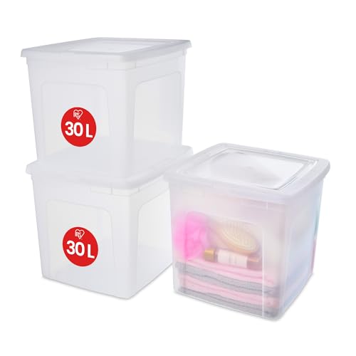 Iris Ohyama, Boite de Rangement Multi-Usages, 30L, Lot de 3, Fermeture Facile, Empilable, en Plastique Transparent, pour Vêtement, Étagères, École,...