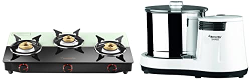 Butterfly Smart Wet Grinder, 2L (White), 150 Watt & Hero Plus Mixer Grinder 550 W, Grey, Small & Butterfly Smart Plus Glass 3 Burner Gas Stove, Black & White