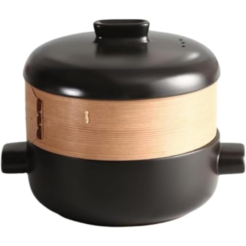 MsiDtsoy 日本の蒸し器キャセロール 付きスープポット シチューポット 竹製多層ホテル 家庭用セラミックキャセロール蒸し器 せいろ付きホーロー鍋 蒸籠 セット セイロ (2.5L,蒸し器付きブラック)