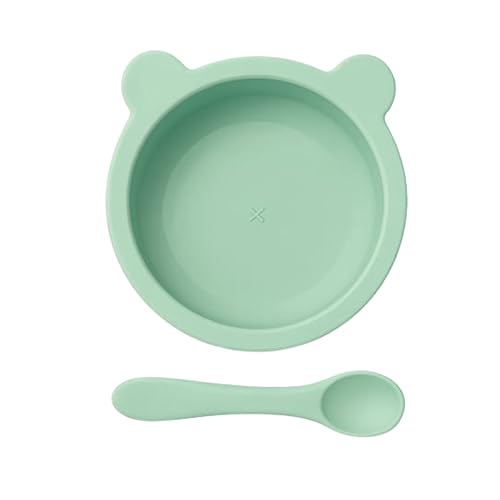 Image of Silicone Baby Feeding Bowl and Spoon Set for Babies with Suction Base, BPA-Free, Non-Slip, Safe for Infants and Toddlers Mealtime (Light Green)