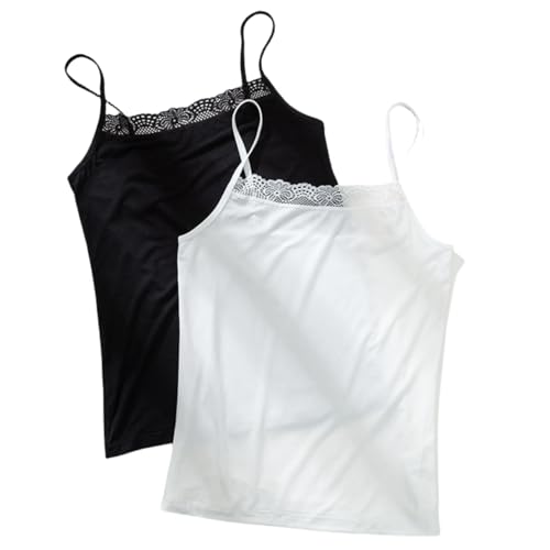 2 Pack Women's Spaghetti Strap Lace Trim Cami Tunic Tank Tops Stretch Slim-Fit Camisole Black/White